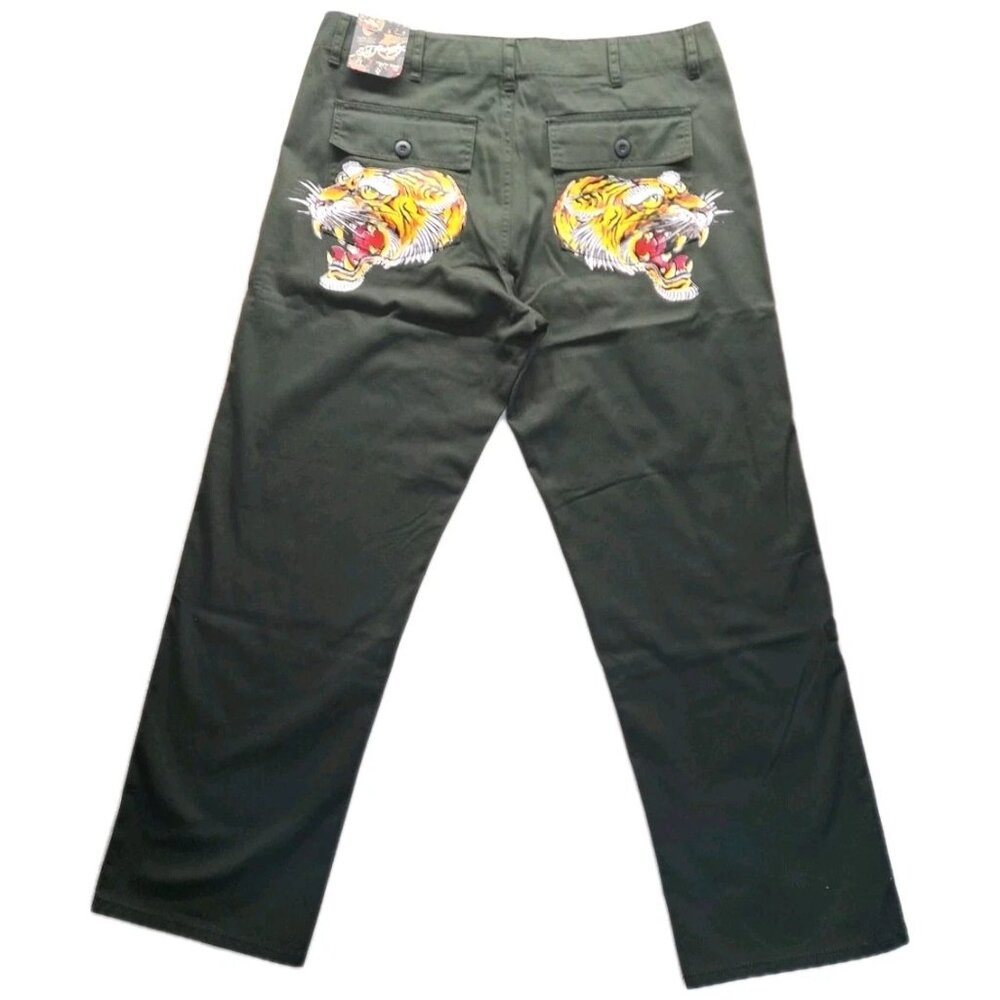 NEW ED HARDY MEN'S UTILITY WORK CHINO GREEN OLIVE PANTS SCREAMING TIGER SIZE 38"